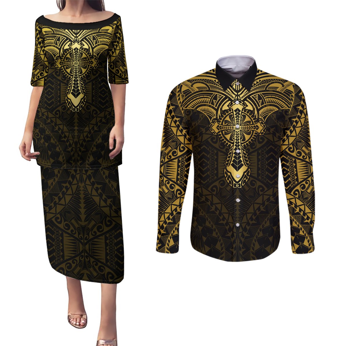 Personalized Polynesia Couples Matching Puletasi Dress and Long Sleeve Button Shirt With Christian Cross LT05 Gold - Polynesian Pride