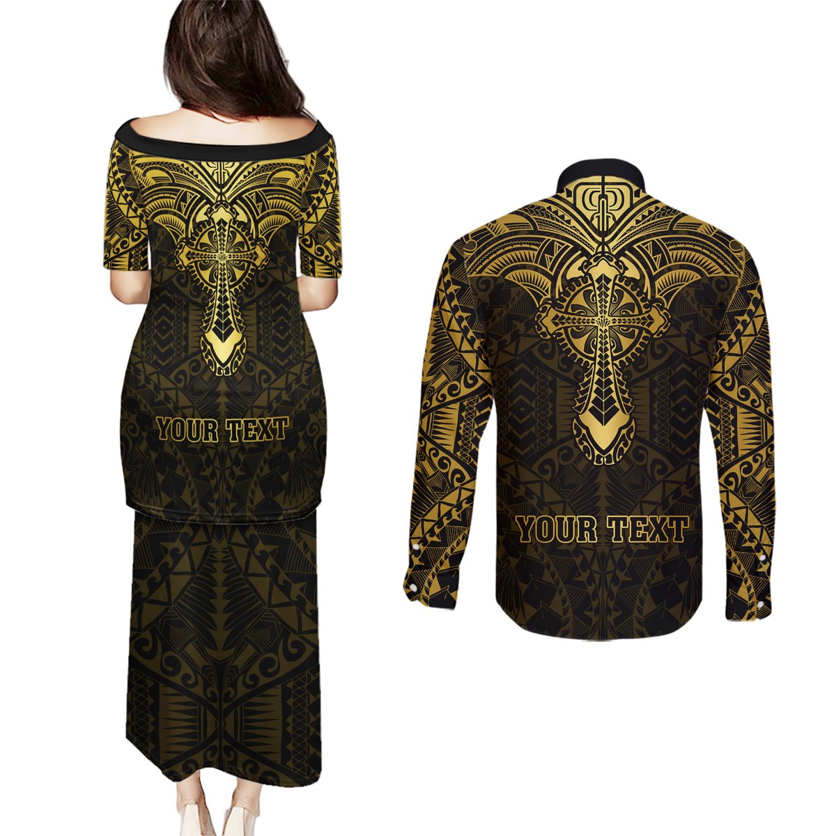Personalized Polynesia Couples Matching Puletasi Dress and Long Sleeve Button Shirt With Christian Cross LT05 - Polynesian Pride