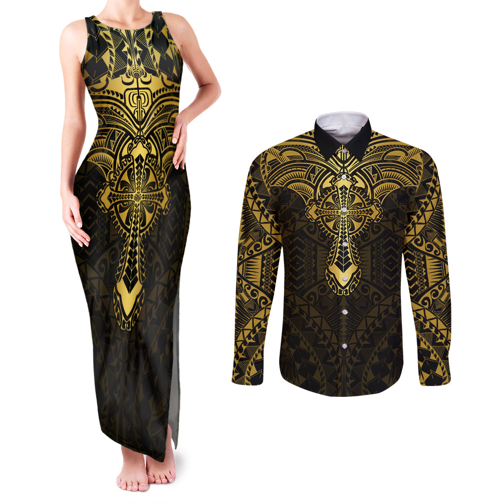 Personalized Polynesia Couples Matching Tank Maxi Dress and Long Sleeve Button Shirt With Christian Cross LT05 Gold - Polynesian Pride