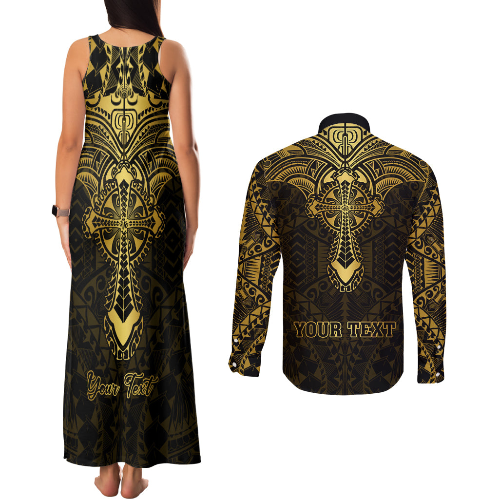 Personalized Polynesia Couples Matching Tank Maxi Dress and Long Sleeve Button Shirt With Christian Cross LT05 - Polynesian Pride