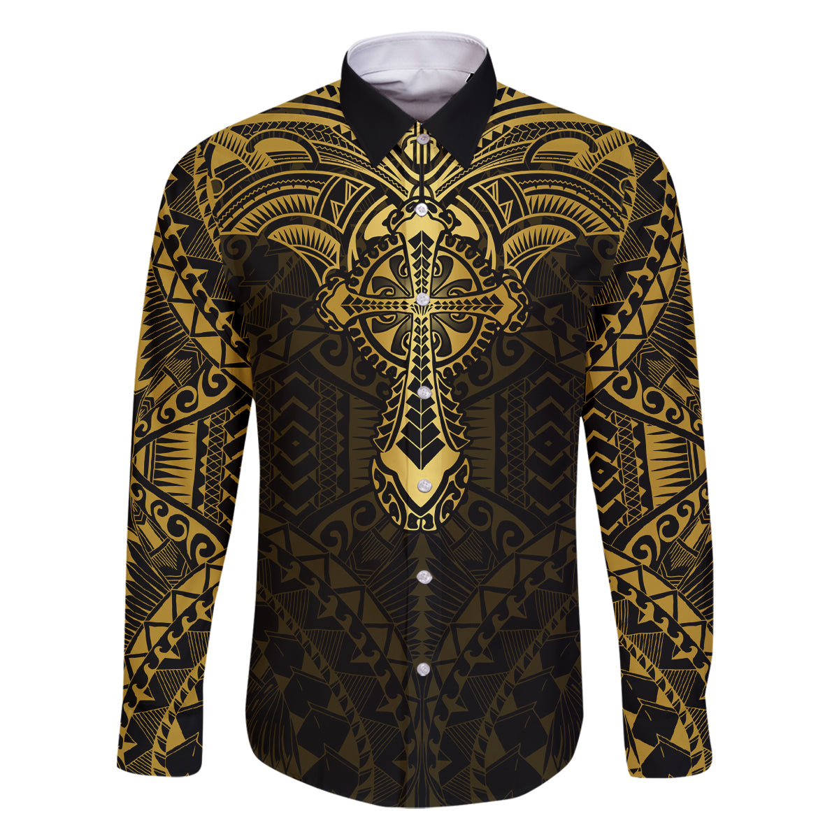 Personalized Polynesia Family Matching Off Shoulder Maxi Dress and Hawaiian Shirt With Christian Cross LT05 Dad's Shirt - Long Sleeve Gold - Polynesian Pride