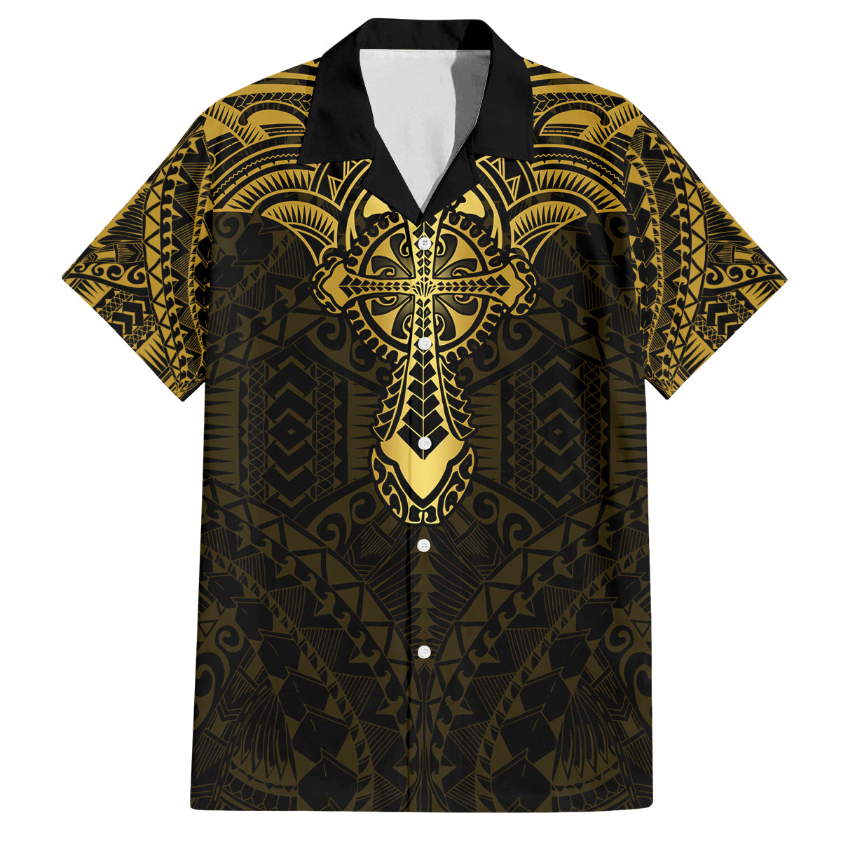 Personalized Polynesia Family Matching Off Shoulder Short Dress and Hawaiian Shirt With Christian Cross LT05 Dad's Shirt - Short Sleeve Gold - Polynesian Pride