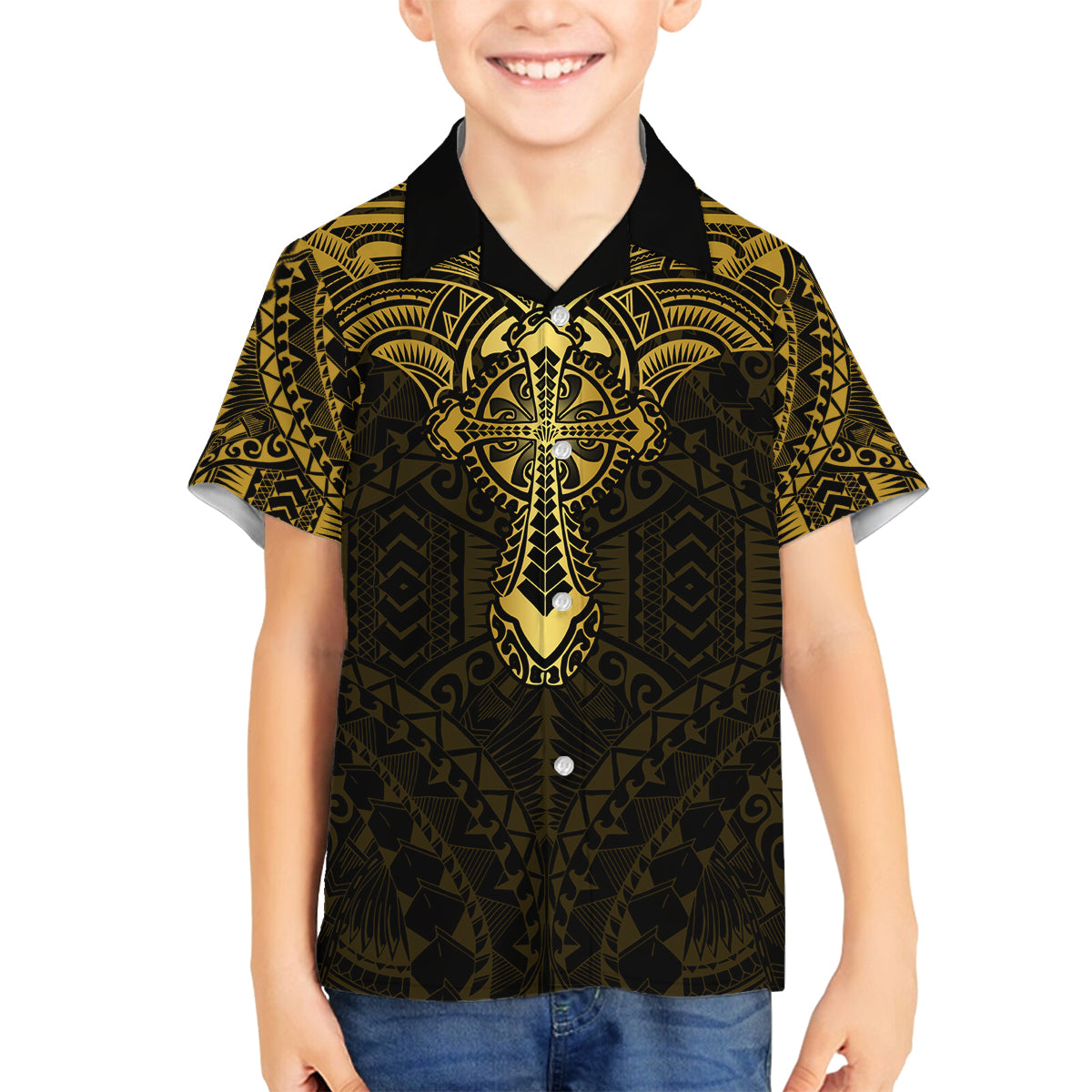 Personalized Polynesia Family Matching Tank Maxi Dress and Hawaiian Shirt With Christian Cross LT05 Son's Shirt Gold - Polynesian Pride
