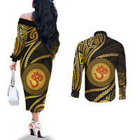 Polynesia Couples Matching Off The Shoulder Long Sleeve Dress and Long Sleeve Button Shirt With Hindu Om Symbol LT05 - Polynesian Pride