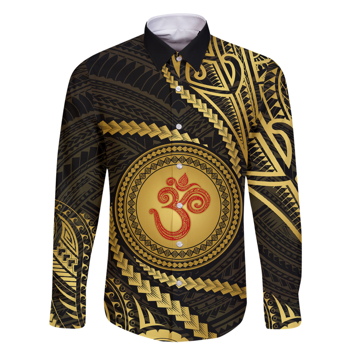 Polynesia Family Matching Off Shoulder Short Dress and Hawaiian Shirt With Hindu Om Symbol LT05 Dad's Shirt - Long Sleeve Gold - Polynesian Pride