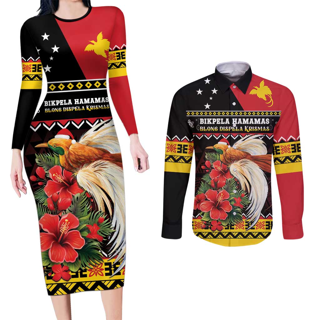 Papua New Guinea Christmas Couples Matching Long Sleeve Bodycon Dress and Long Sleeve Button Shirt Bird Of Paradise Hamamas Krismas LT05 Black - Polynesian Pride