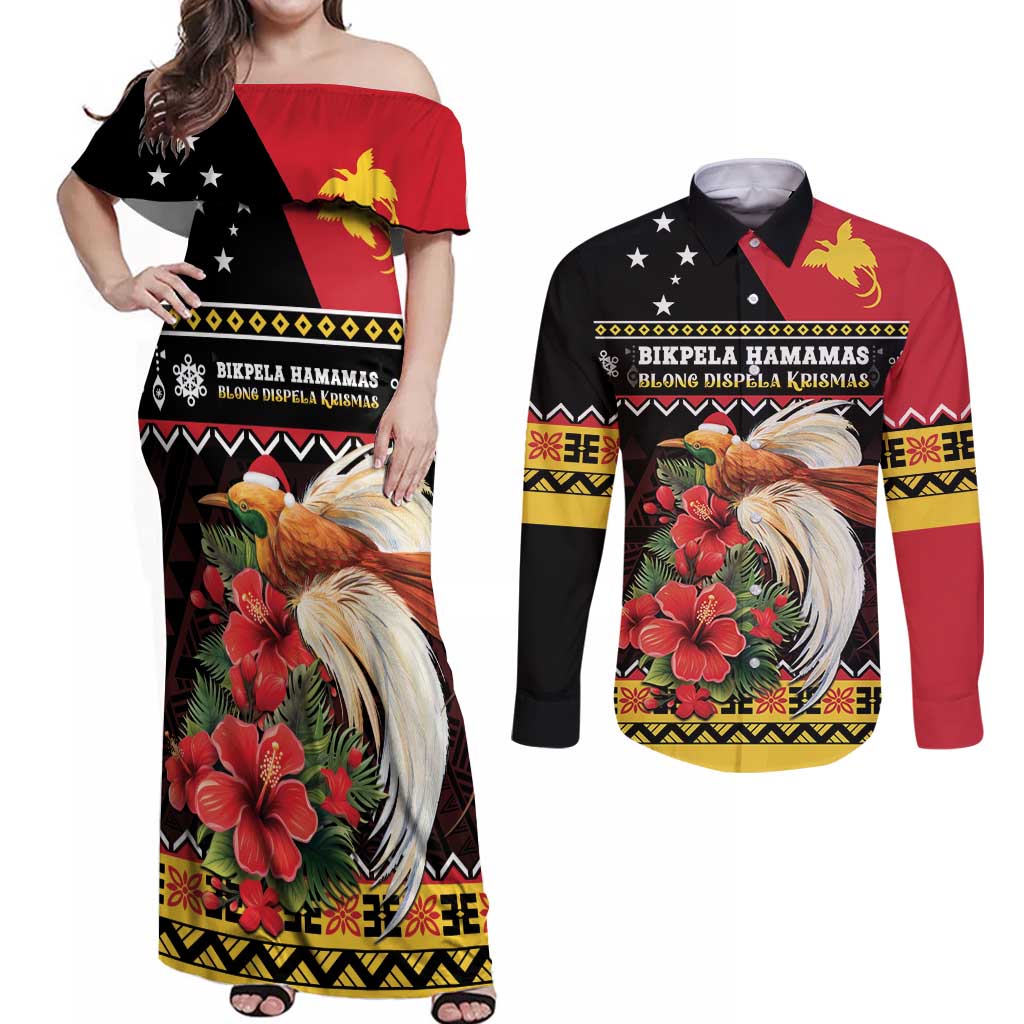 Papua New Guinea Christmas Couples Matching Off Shoulder Maxi Dress and Long Sleeve Button Shirt Bird Of Paradise Hamamas Krismas LT05 Black - Polynesian Pride