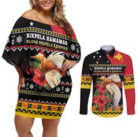 Papua New Guinea Christmas Couples Matching Off Shoulder Short Dress and Long Sleeve Button Shirt Bird Of Paradise Hamamas Krismas LT05 Black - Polynesian Pride