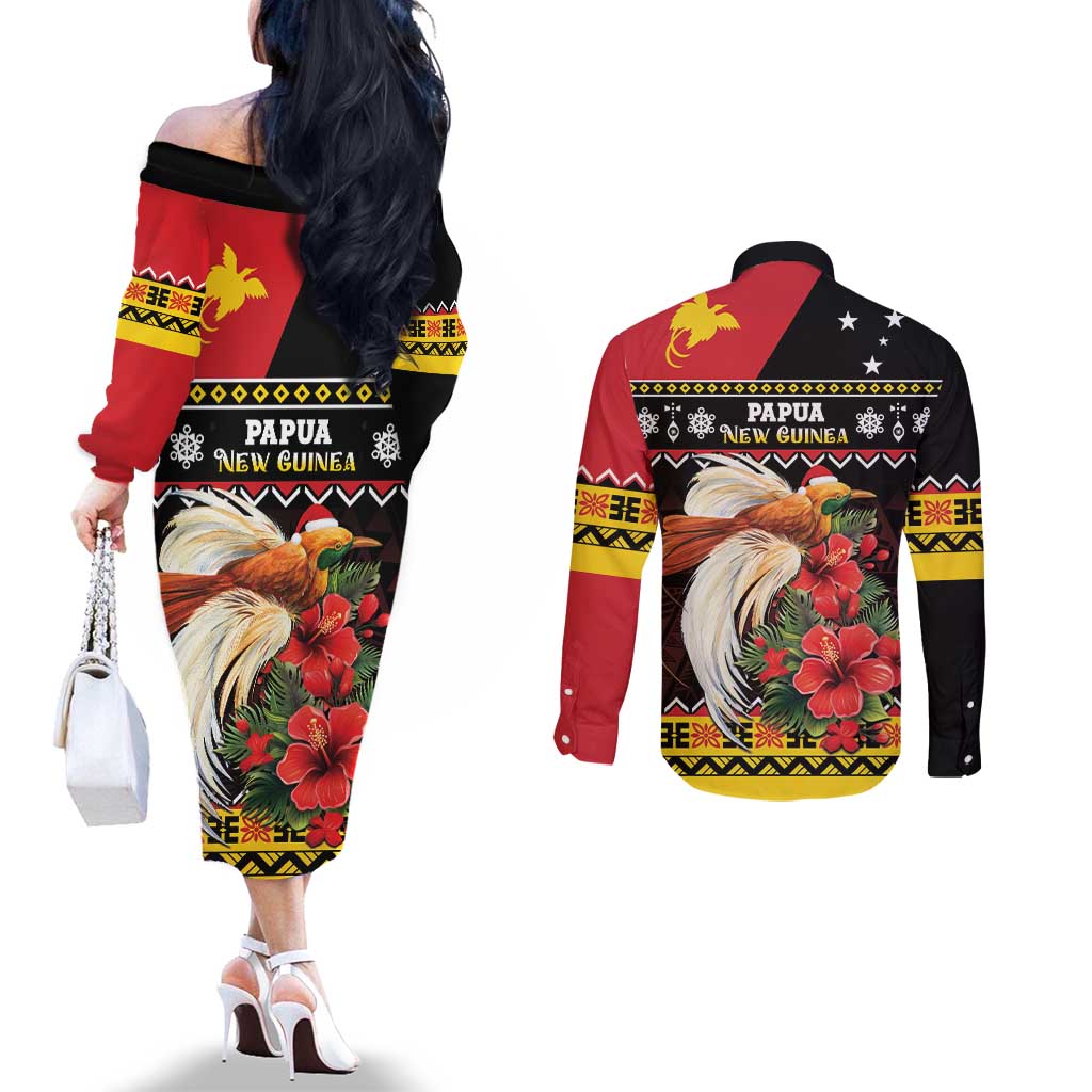 Papua New Guinea Christmas Couples Matching Off The Shoulder Long Sleeve Dress and Long Sleeve Button Shirt Bird Of Paradise Hamamas Krismas LT05 - Polynesian Pride