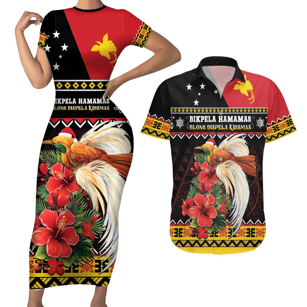 Papua New Guinea Christmas Couples Matching Short Sleeve Bodycon Dress and Hawaiian Shirt Bird Of Paradise Hamamas Krismas LT05 Black - Polynesian Pride
