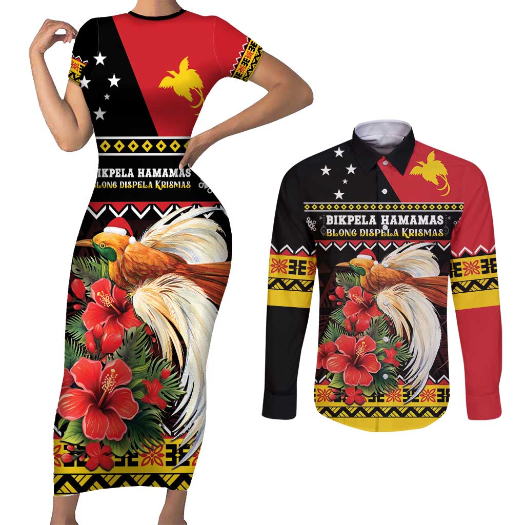 Papua New Guinea Christmas Couples Matching Short Sleeve Bodycon Dress and Long Sleeve Button Shirt Bird Of Paradise Hamamas Krismas LT05 Black - Polynesian Pride