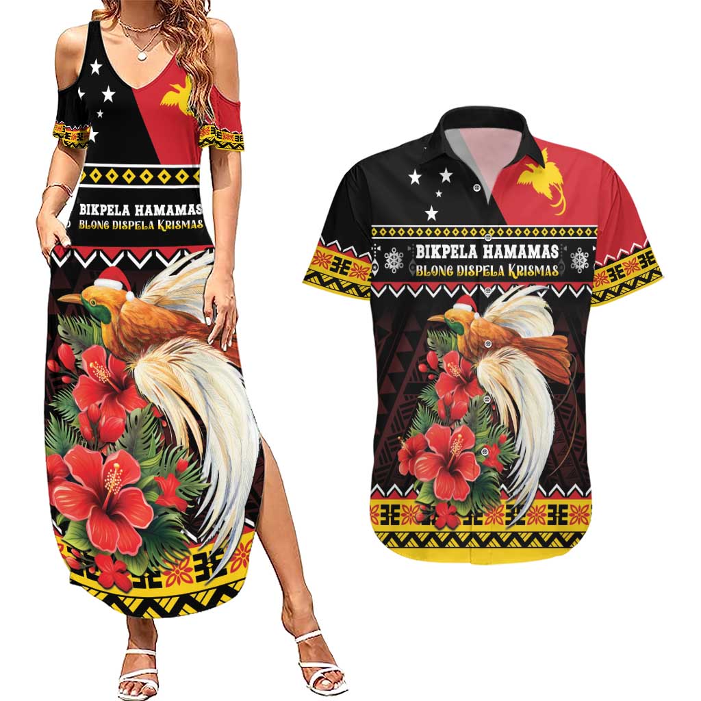 Papua New Guinea Christmas Couples Matching Summer Maxi Dress and Hawaiian Shirt Bird Of Paradise Hamamas Krismas LT05 Black - Polynesian Pride