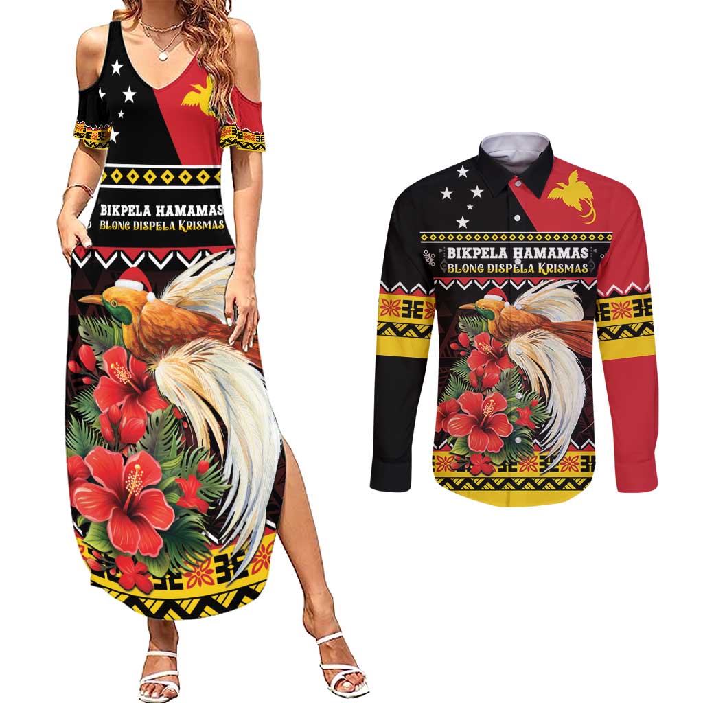 Papua New Guinea Christmas Couples Matching Summer Maxi Dress and Long Sleeve Button Shirt Bird Of Paradise Hamamas Krismas LT05 Black - Polynesian Pride