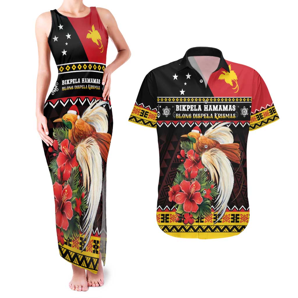 Papua New Guinea Christmas Couples Matching Tank Maxi Dress and Hawaiian Shirt Bird Of Paradise Hamamas Krismas LT05 Black - Polynesian Pride