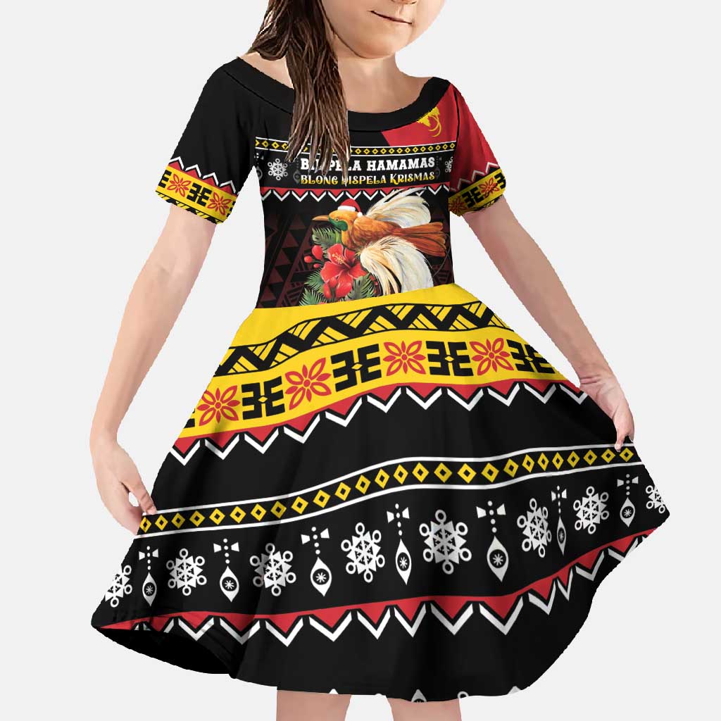 Papua New Guinea Christmas Family Matching Mermaid Dress and Hawaiian Shirt Bird Of Paradise Hamamas Krismas LT05 Daughter's Dress Black - Polynesian Pride