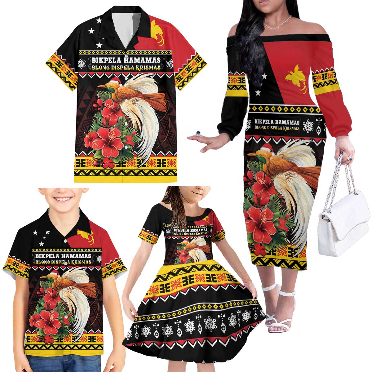 Papua New Guinea Christmas Family Matching Off The Shoulder Long Sleeve Dress and Hawaiian Shirt Bird Of Paradise Hamamas Krismas LT05 - Polynesian Pride