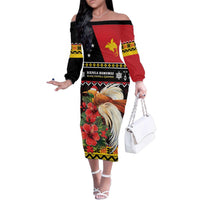 Papua New Guinea Christmas Family Matching Off The Shoulder Long Sleeve Dress and Hawaiian Shirt Bird Of Paradise Hamamas Krismas LT05 Mom's Dress Black - Polynesian Pride