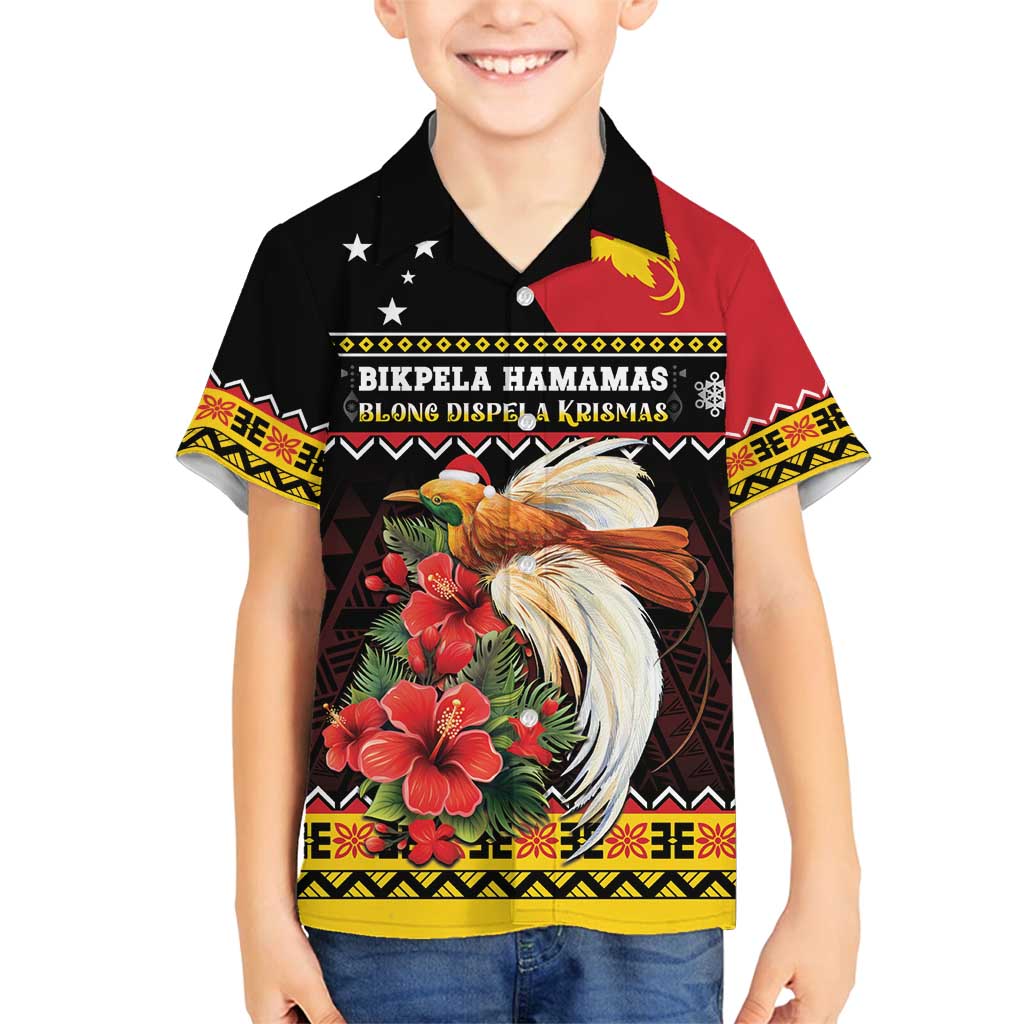 Papua New Guinea Christmas Family Matching Off Shoulder Maxi Dress and Hawaiian Shirt Bird Of Paradise Hamamas Krismas LT05 Son's Shirt Black - Polynesian Pride