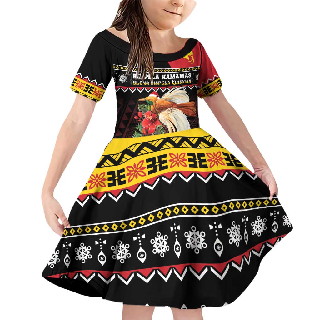 Papua New Guinea Christmas Family Matching Off Shoulder Short Dress and Hawaiian Shirt Bird Of Paradise Hamamas Krismas LT05 Daughter's Dress Black - Polynesian Pride