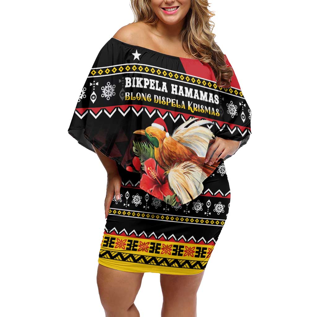 Papua New Guinea Christmas Family Matching Off Shoulder Short Dress and Hawaiian Shirt Bird Of Paradise Hamamas Krismas LT05 Mom's Dress Black - Polynesian Pride