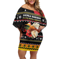 Papua New Guinea Christmas Family Matching Off Shoulder Short Dress and Hawaiian Shirt Bird Of Paradise Hamamas Krismas LT05 Mom's Dress Black - Polynesian Pride