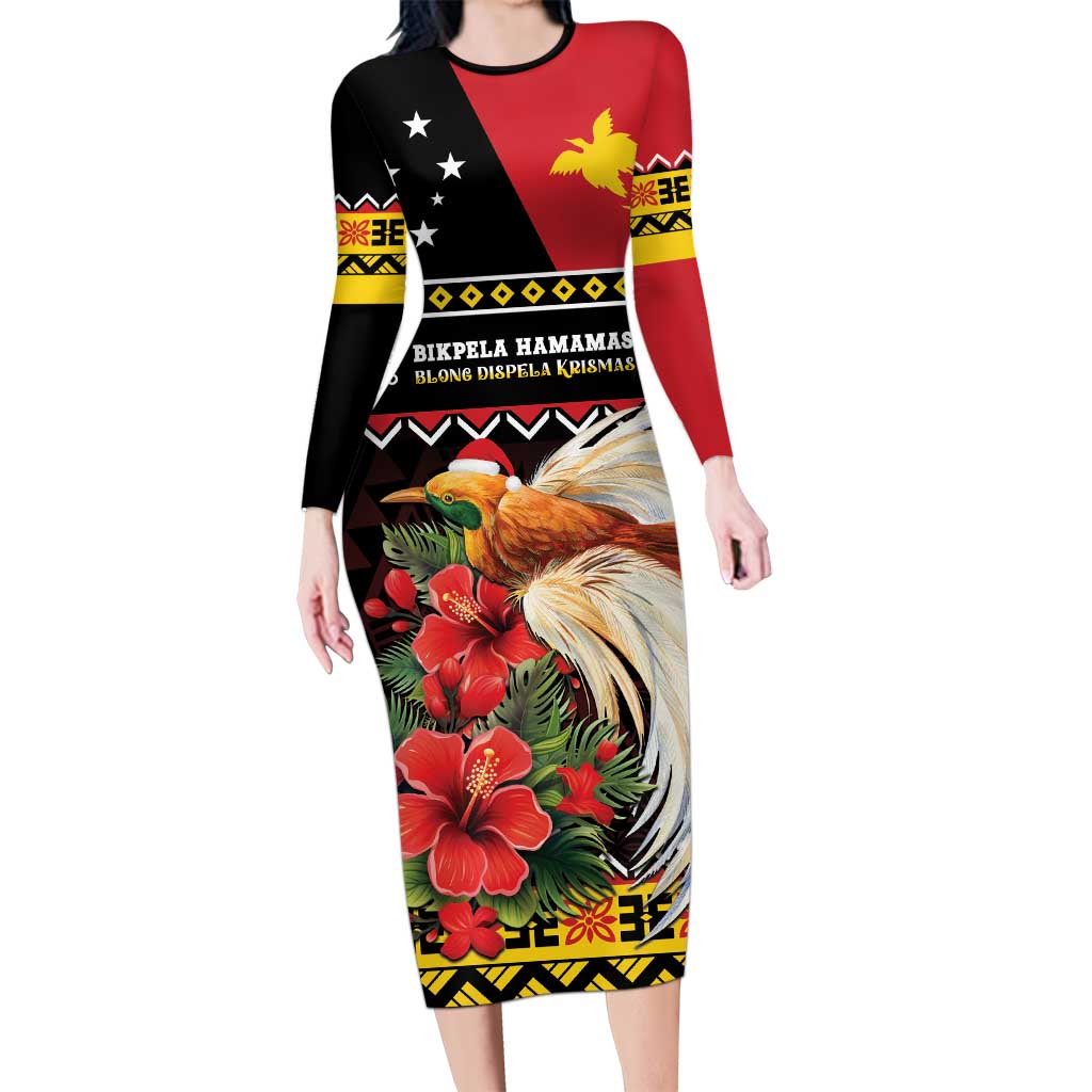 Papua New Guinea Christmas Long Sleeve Bodycon Dress Bird Of Paradise Hamamas Krismas LT05 Long Dress Black - Polynesian Pride