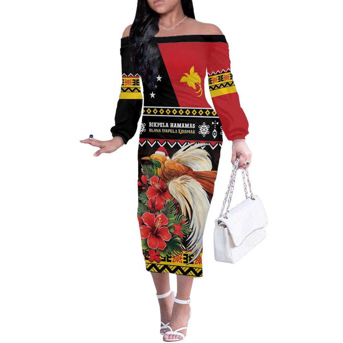 Papua New Guinea Christmas Off The Shoulder Long Sleeve Dress Bird Of Paradise Hamamas Krismas LT05 Women Black - Polynesian Pride
