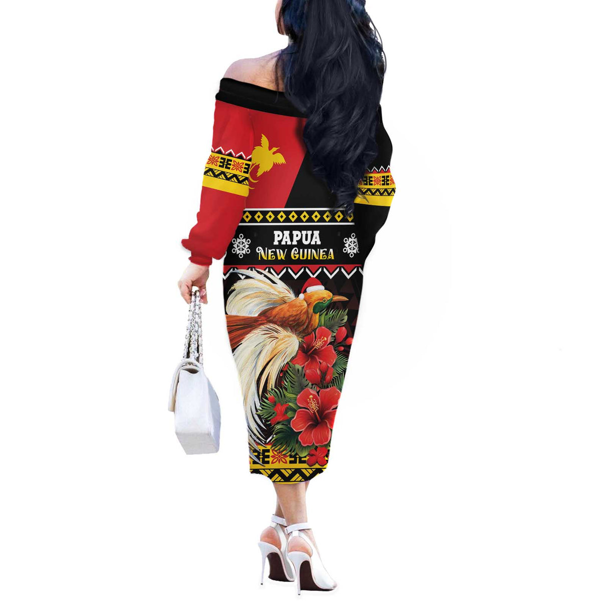 Papua New Guinea Christmas Off The Shoulder Long Sleeve Dress Bird Of Paradise Hamamas Krismas LT05 - Polynesian Pride