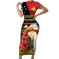 Papua New Guinea Christmas Short Sleeve Bodycon Dress Bird Of Paradise Hamamas Krismas LT05 Long Dress Black - Polynesian Pride