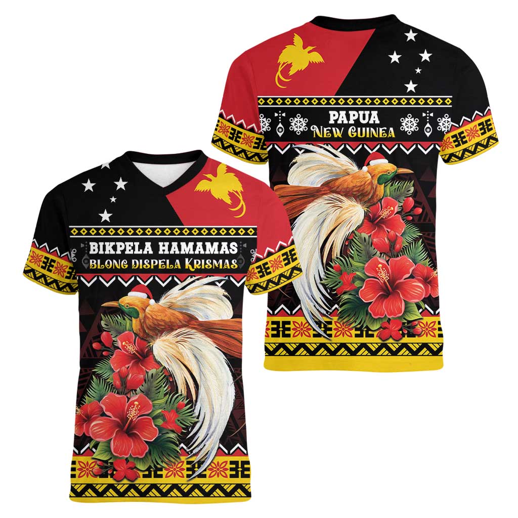 Papua New Guinea Christmas Women V-Neck T-Shirt Bird Of Paradise Hamamas Krismas