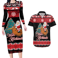 New Zealand Christmas Couples Matching Long Sleeve Bodycon Dress and Hawaiian Shirt Funny Santa Riding Kiwi Meri Kirihimete LT05 Black - Polynesian Pride