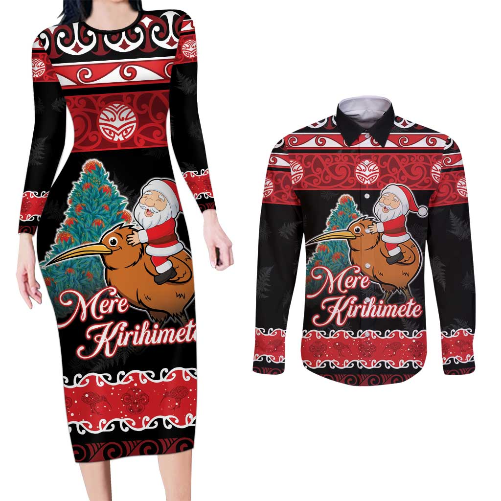 New Zealand Christmas Couples Matching Long Sleeve Bodycon Dress and Long Sleeve Button Shirt Funny Santa Riding Kiwi Meri Kirihimete LT05 Black - Polynesian Pride