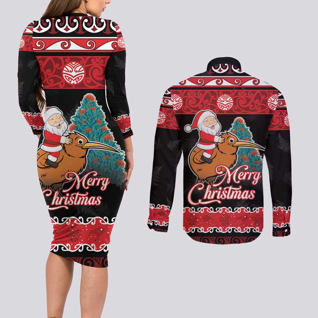 New Zealand Christmas Couples Matching Long Sleeve Bodycon Dress and Long Sleeve Button Shirt Funny Santa Riding Kiwi Meri Kirihimete LT05 - Polynesian Pride