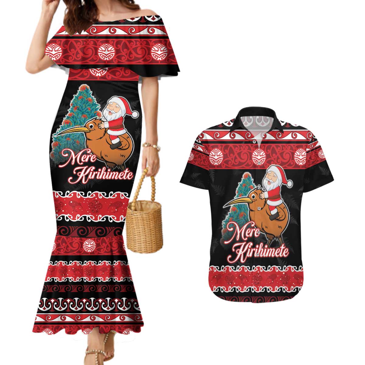 New Zealand Christmas Couples Matching Mermaid Dress and Hawaiian Shirt Funny Santa Riding Kiwi Meri Kirihimete LT05 Black - Polynesian Pride