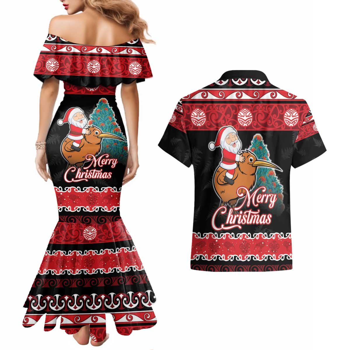 New Zealand Christmas Couples Matching Mermaid Dress and Hawaiian Shirt Funny Santa Riding Kiwi Meri Kirihimete LT05 - Polynesian Pride
