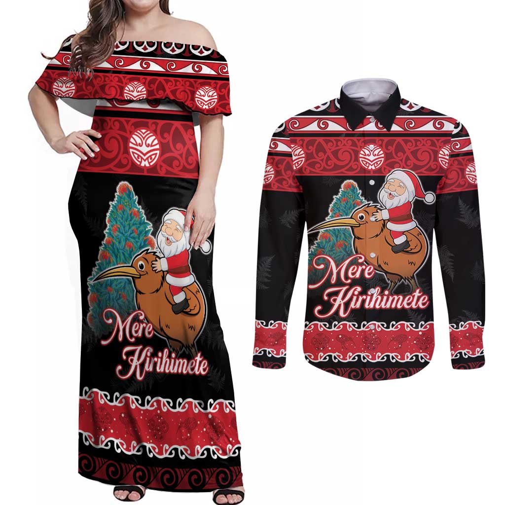 New Zealand Christmas Couples Matching Off Shoulder Maxi Dress and Long Sleeve Button Shirt Funny Santa Riding Kiwi Meri Kirihimete LT05 Black - Polynesian Pride