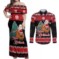 New Zealand Christmas Couples Matching Off Shoulder Maxi Dress and Long Sleeve Button Shirt Funny Santa Riding Kiwi Meri Kirihimete LT05 Black - Polynesian Pride