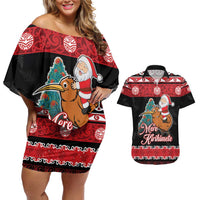 New Zealand Christmas Couples Matching Off Shoulder Short Dress and Hawaiian Shirt Funny Santa Riding Kiwi Meri Kirihimete LT05 Black - Polynesian Pride