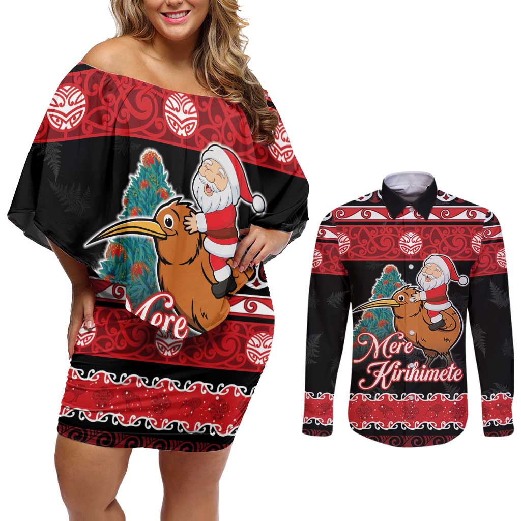 New Zealand Christmas Couples Matching Off Shoulder Short Dress and Long Sleeve Button Shirt Funny Santa Riding Kiwi Meri Kirihimete LT05 Black - Polynesian Pride