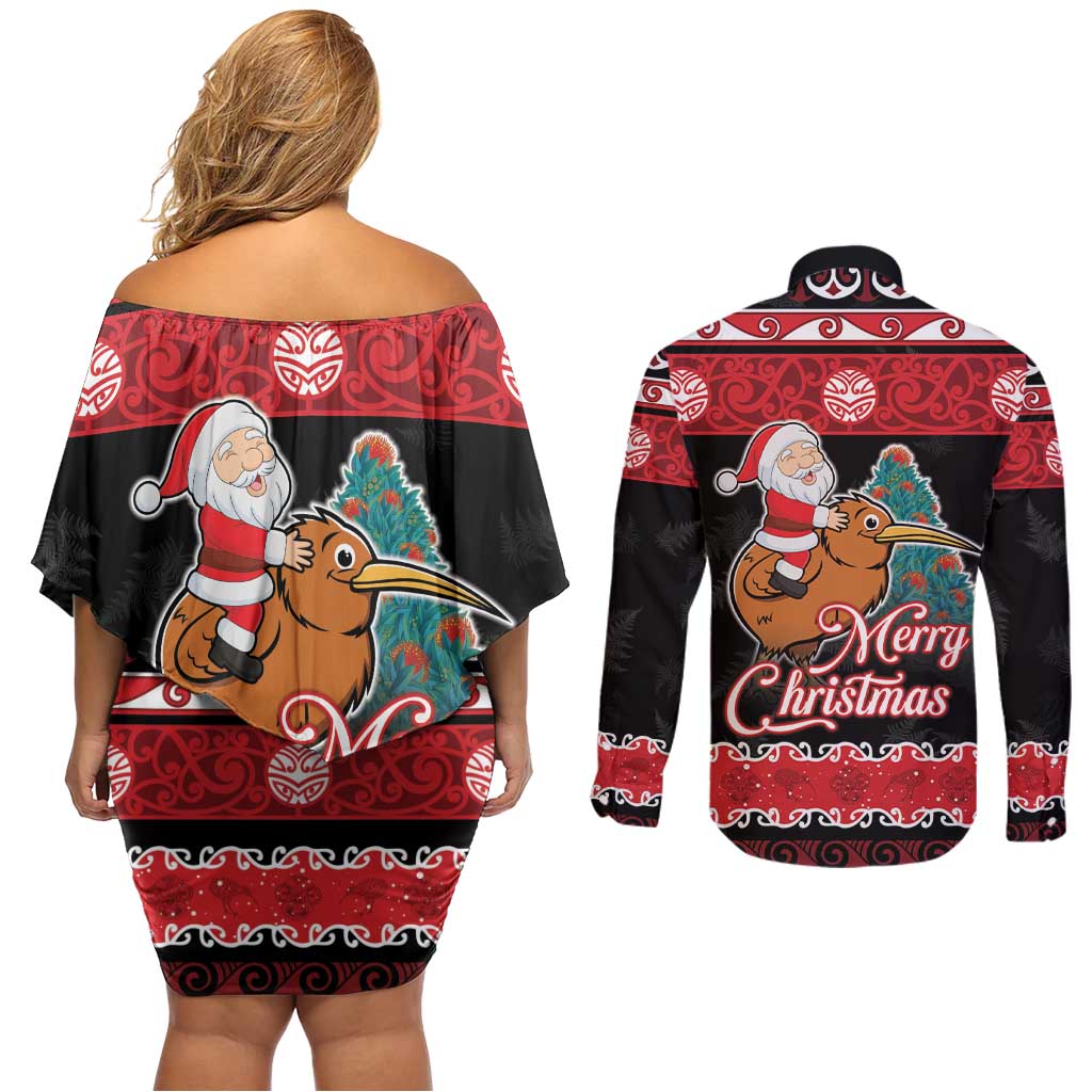 New Zealand Christmas Couples Matching Off Shoulder Short Dress and Long Sleeve Button Shirt Funny Santa Riding Kiwi Meri Kirihimete LT05 - Polynesian Pride