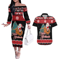 New Zealand Christmas Couples Matching Off The Shoulder Long Sleeve Dress and Hawaiian Shirt Funny Santa Riding Kiwi Meri Kirihimete LT05 Black - Polynesian Pride