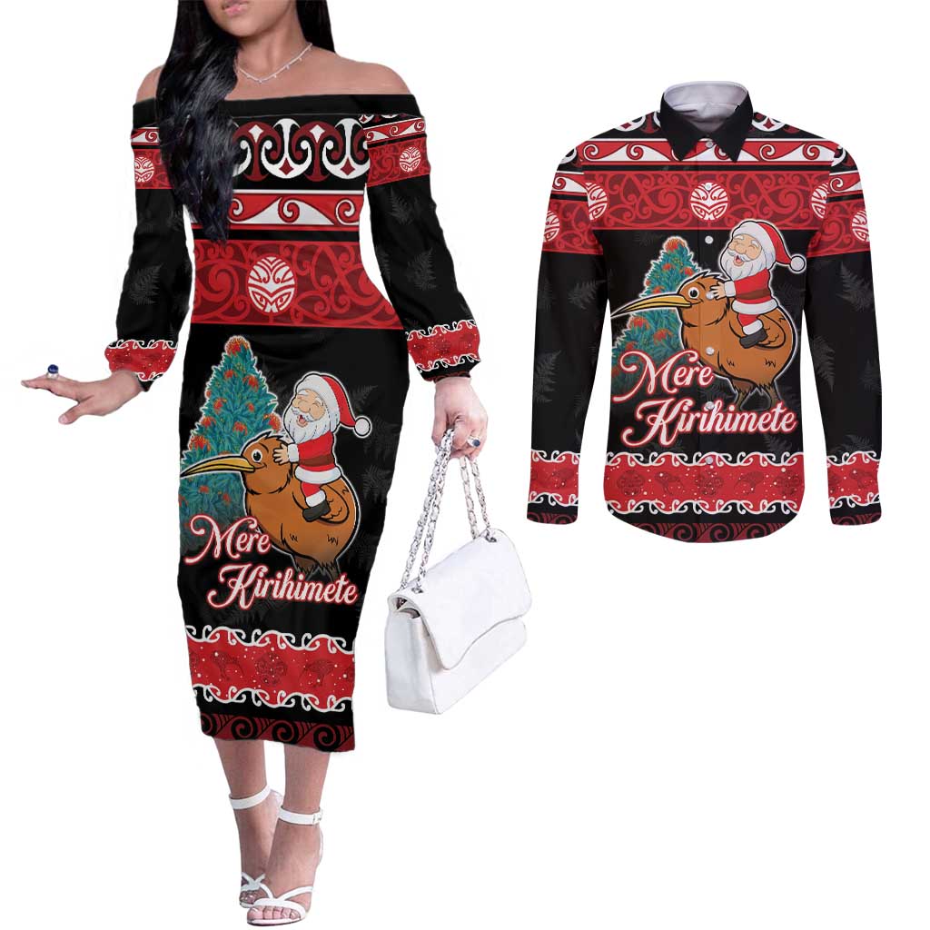 New Zealand Christmas Couples Matching Off The Shoulder Long Sleeve Dress and Long Sleeve Button Shirt Funny Santa Riding Kiwi Meri Kirihimete LT05 Black - Polynesian Pride
