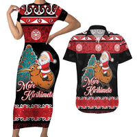 New Zealand Christmas Couples Matching Short Sleeve Bodycon Dress and Hawaiian Shirt Funny Santa Riding Kiwi Meri Kirihimete LT05 Black - Polynesian Pride