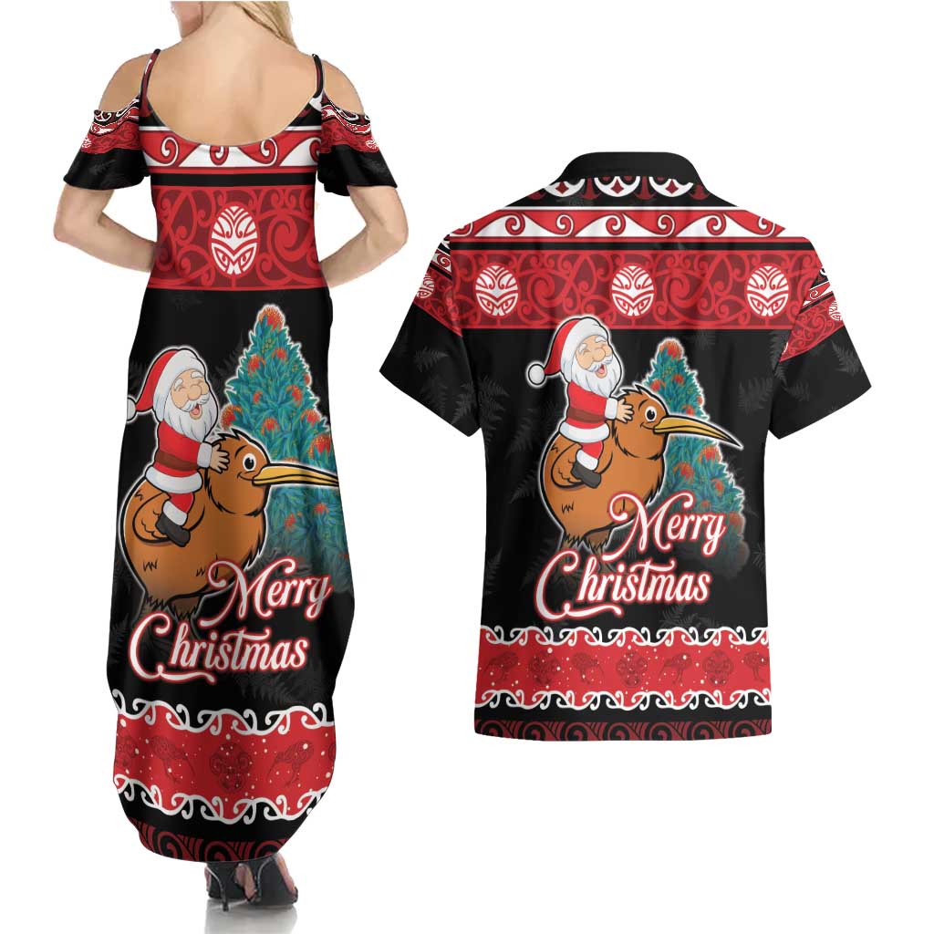 New Zealand Christmas Couples Matching Summer Maxi Dress and Hawaiian Shirt Funny Santa Riding Kiwi Meri Kirihimete LT05 - Polynesian Pride