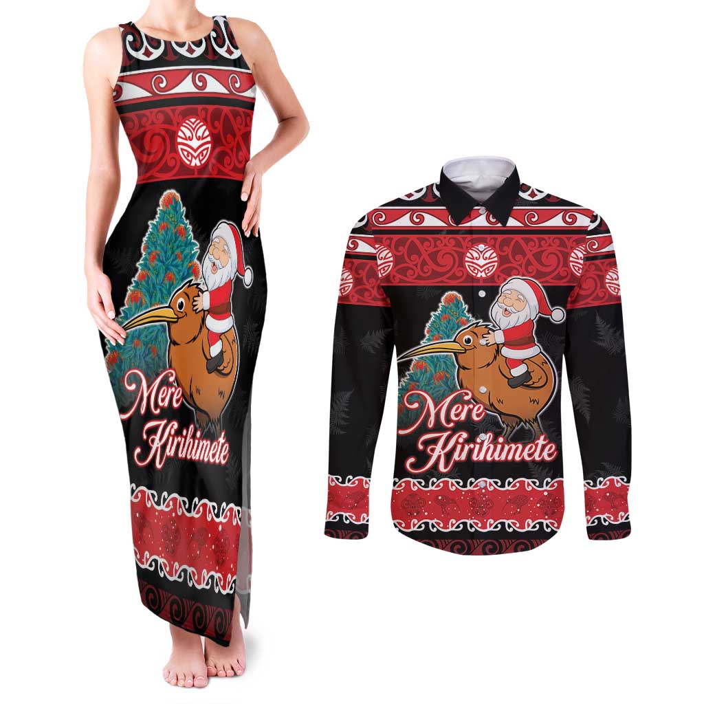 New Zealand Christmas Couples Matching Tank Maxi Dress and Long Sleeve Button Shirt Funny Santa Riding Kiwi Meri Kirihimete LT05 Black - Polynesian Pride
