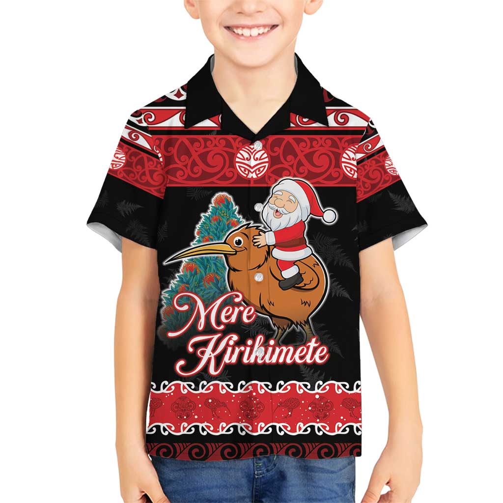 New Zealand Christmas Family Matching Long Sleeve Bodycon Dress and Hawaiian Shirt Funny Santa Riding Kiwi Meri Kirihimete LT05 Son's Shirt Black - Polynesian Pride