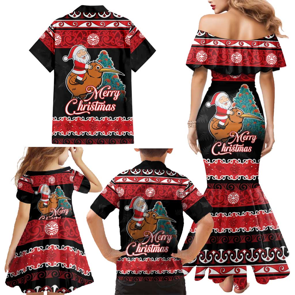 New Zealand Christmas Family Matching Mermaid Dress and Hawaiian Shirt Funny Santa Riding Kiwi Meri Kirihimete LT05 - Polynesian Pride