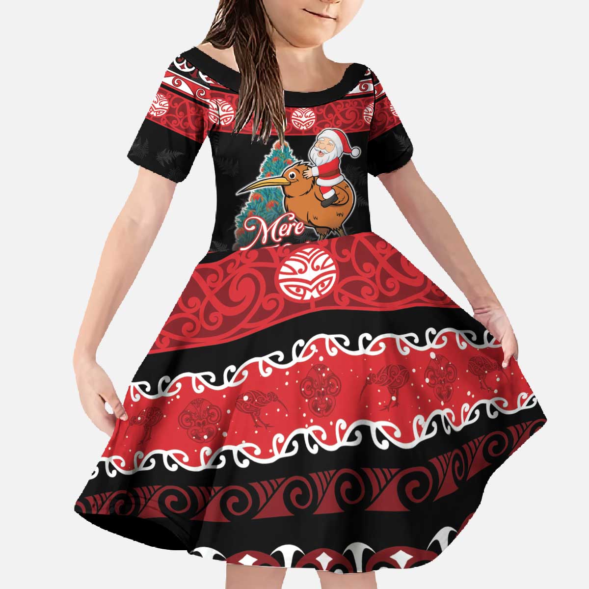 New Zealand Christmas Family Matching Off The Shoulder Long Sleeve Dress and Hawaiian Shirt Funny Santa Riding Kiwi Meri Kirihimete LT05 Daughter's Dress Black - Polynesian Pride