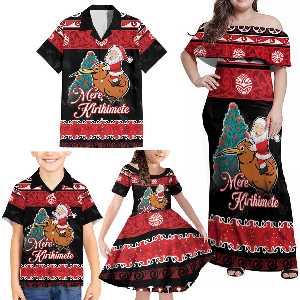 New Zealand Christmas Family Matching Off Shoulder Maxi Dress and Hawaiian Shirt Funny Santa Riding Kiwi Meri Kirihimete LT05 - Polynesian Pride