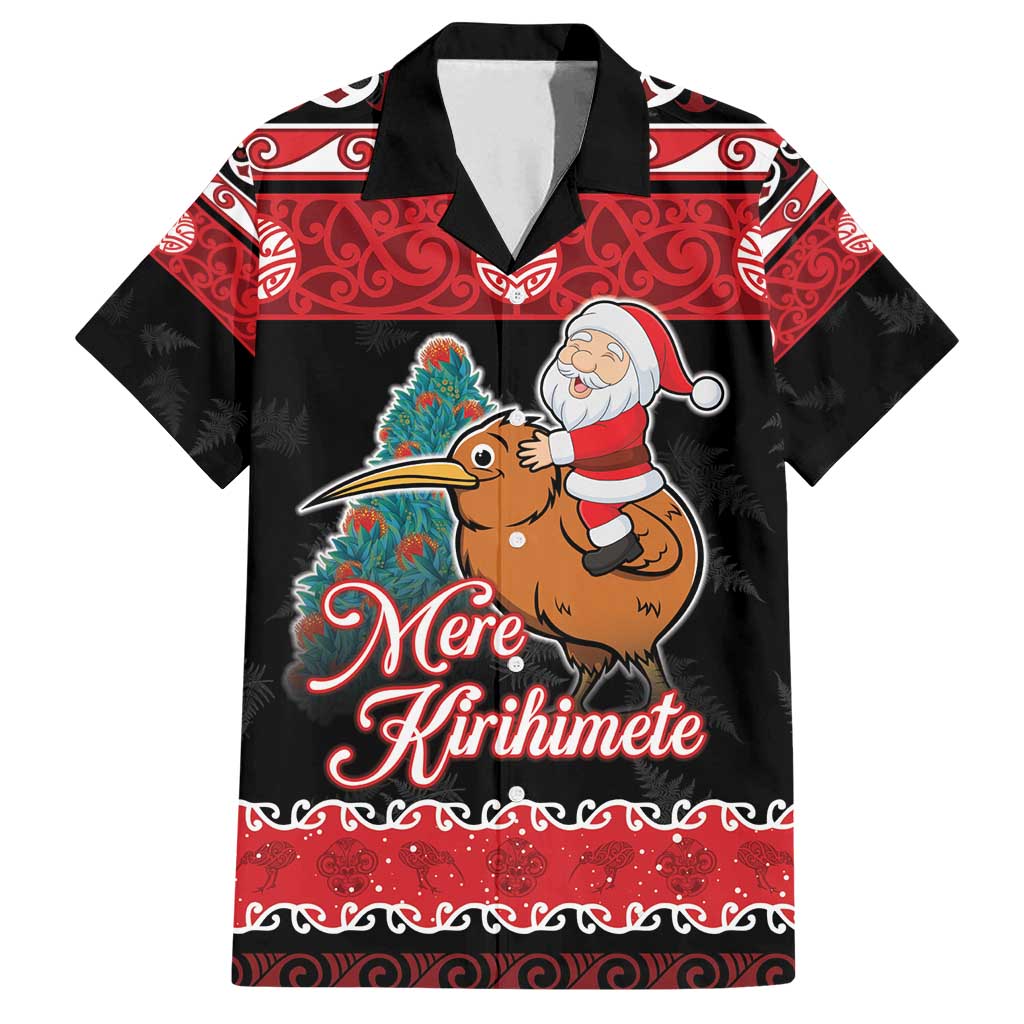 New Zealand Christmas Family Matching Off Shoulder Maxi Dress and Hawaiian Shirt Funny Santa Riding Kiwi Meri Kirihimete LT05 Dad's Shirt - Short Sleeve Black - Polynesian Pride